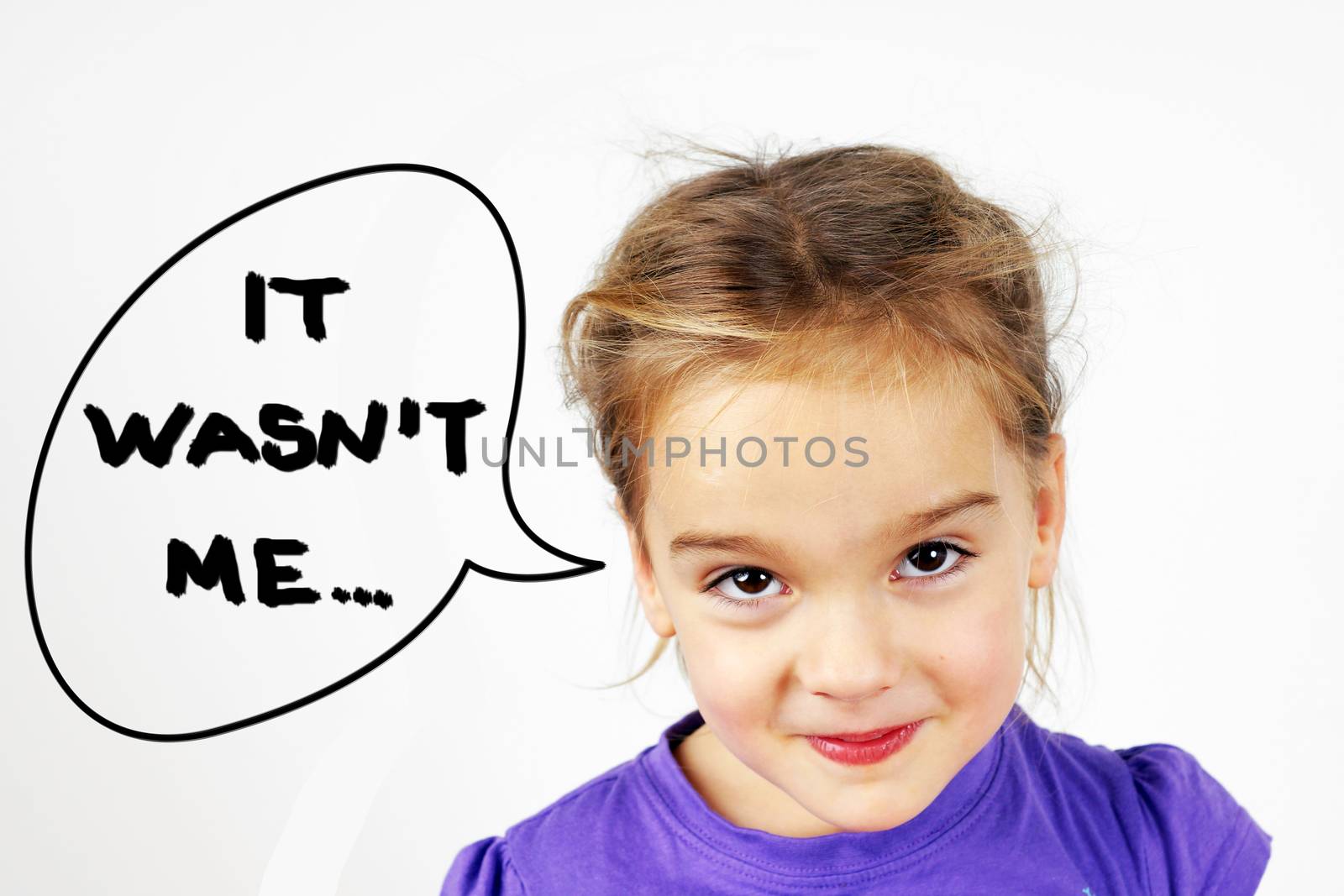 Little blond girl with mishievous face and It wasn't me text in speech bubble