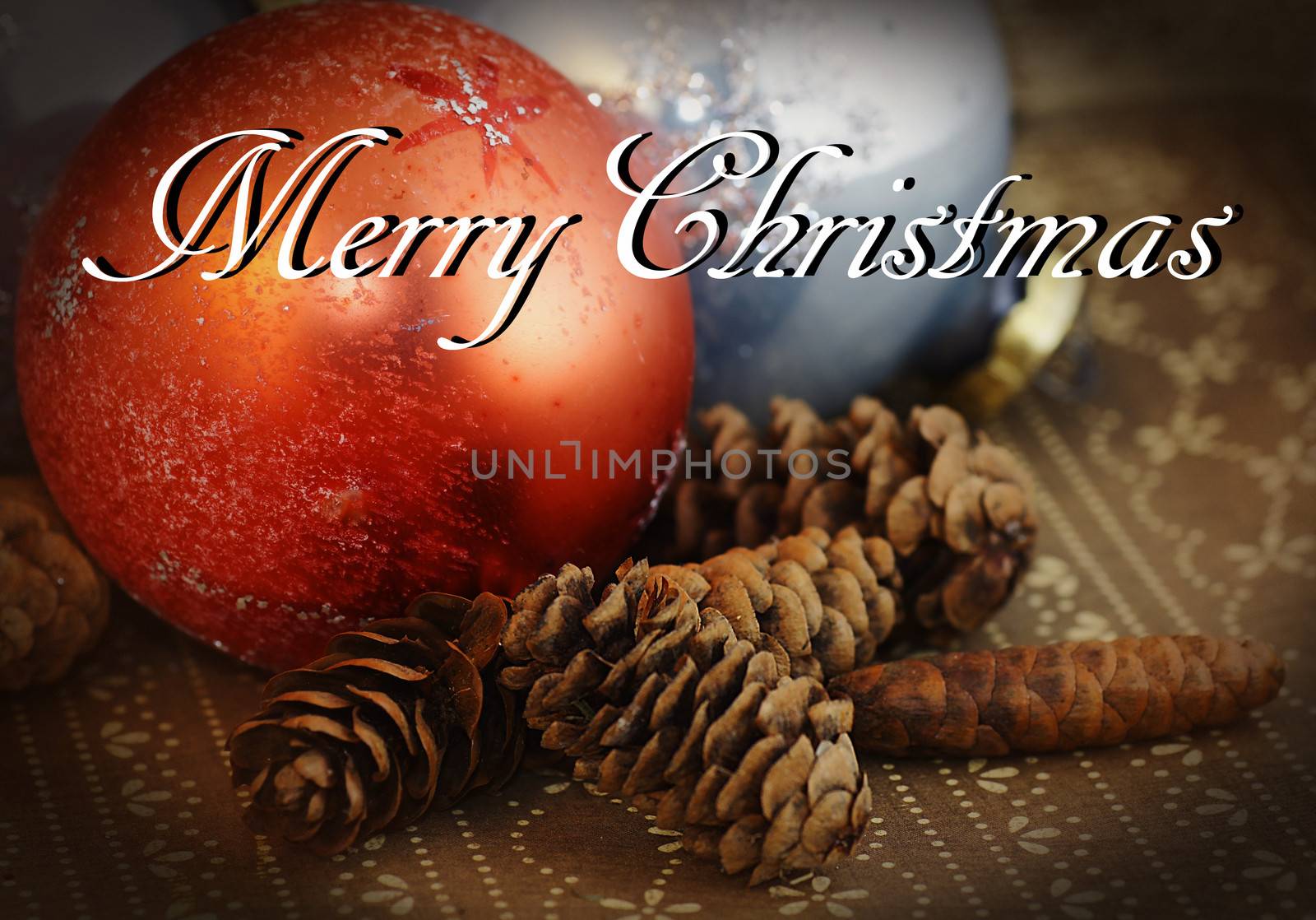 Merry Christmas card with ornaments and pine cones, grungy