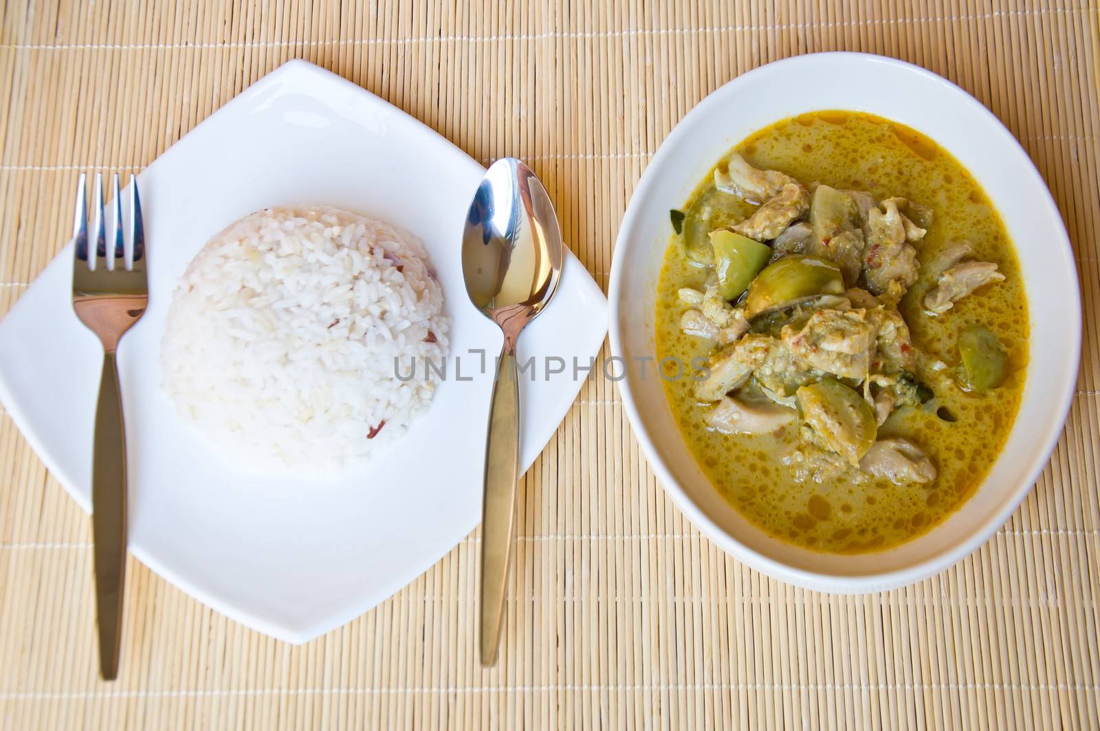 delicious Thai food call KAENG KEAW WAN KAI from chicken and spicy curry with jasmine rice