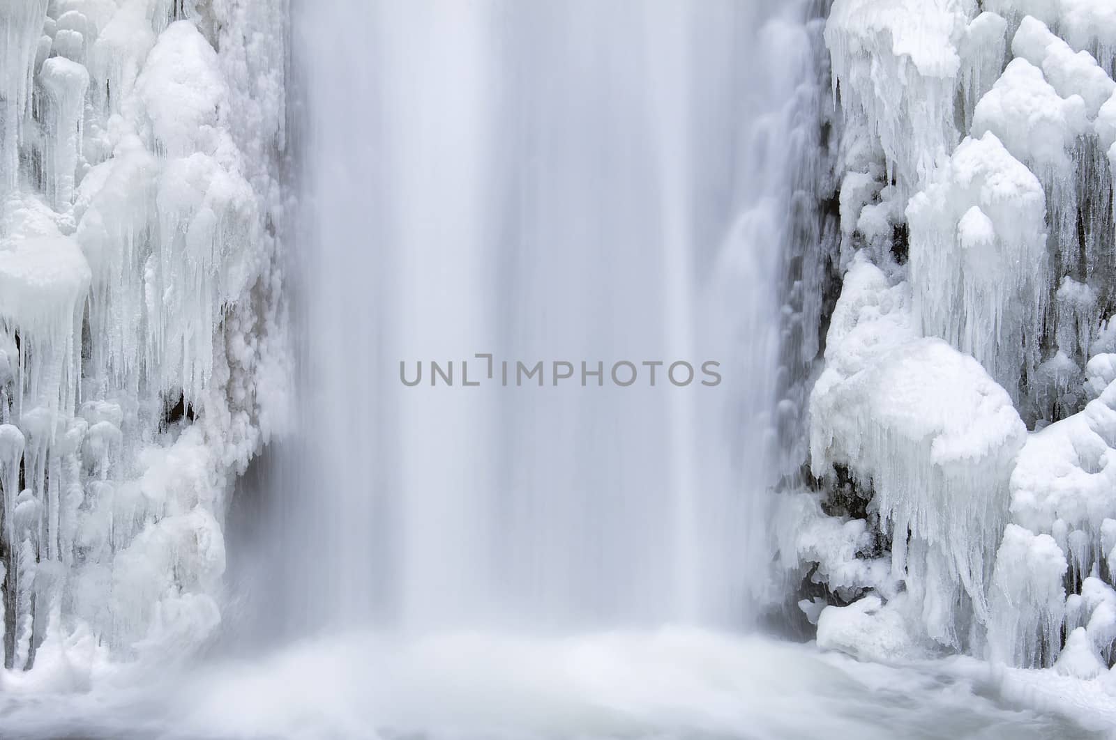 Multnomah Falls Frozen Icicles in Winter Season at Columbia River Gorge Closeup