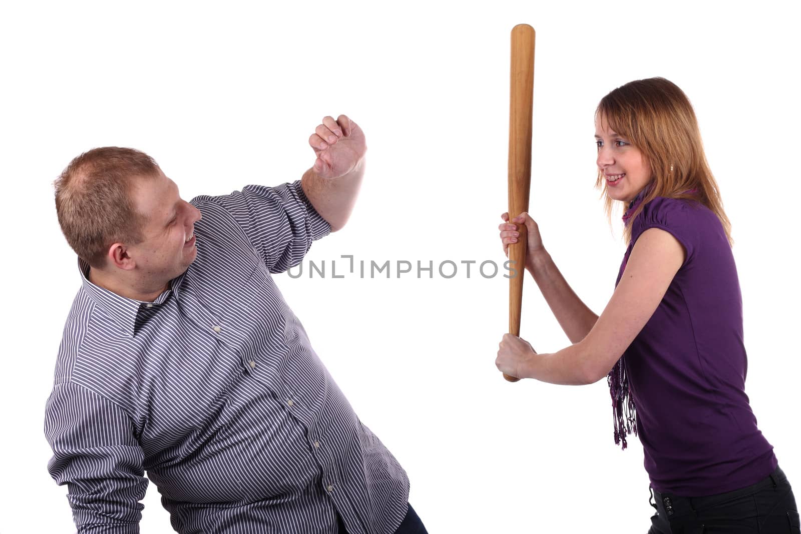 Young man and girl joking isolated on the white background