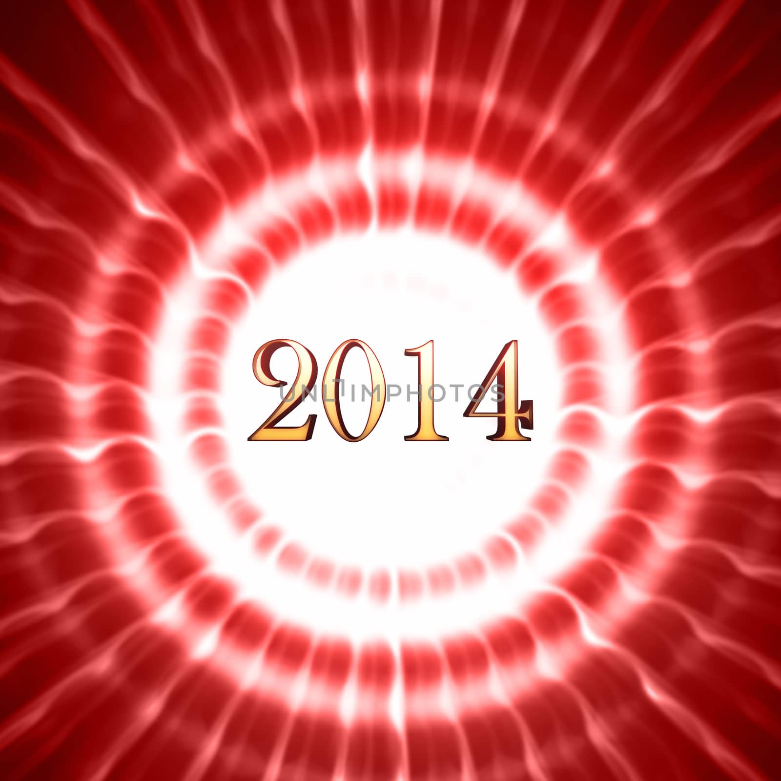 golden new year 2014 in shining white red striped circles with rays