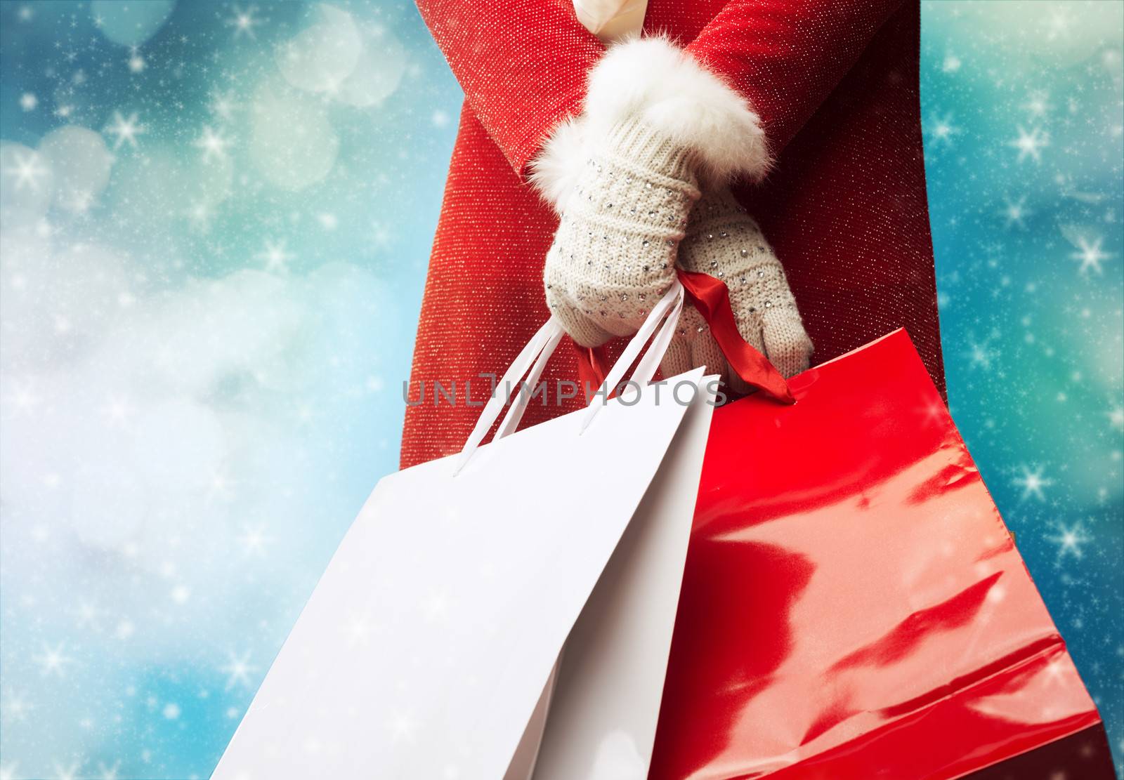 Christmas shopping, woman hands close up