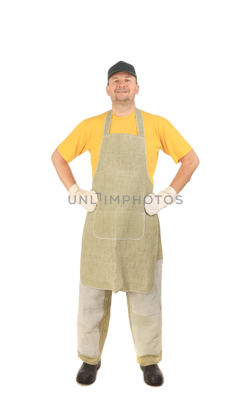 Apron man smiling hands on whaist. Isolated on a white background.