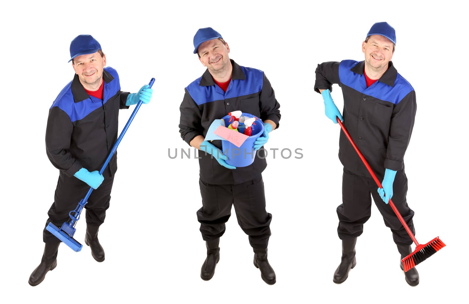 Man with cleaning broom. Isolated on a white background.