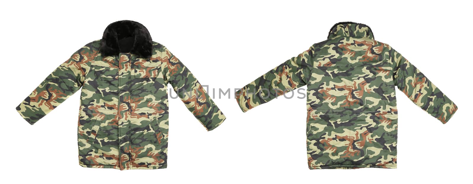 Camouflage winter jacket with black collar. Isolated on a white background.