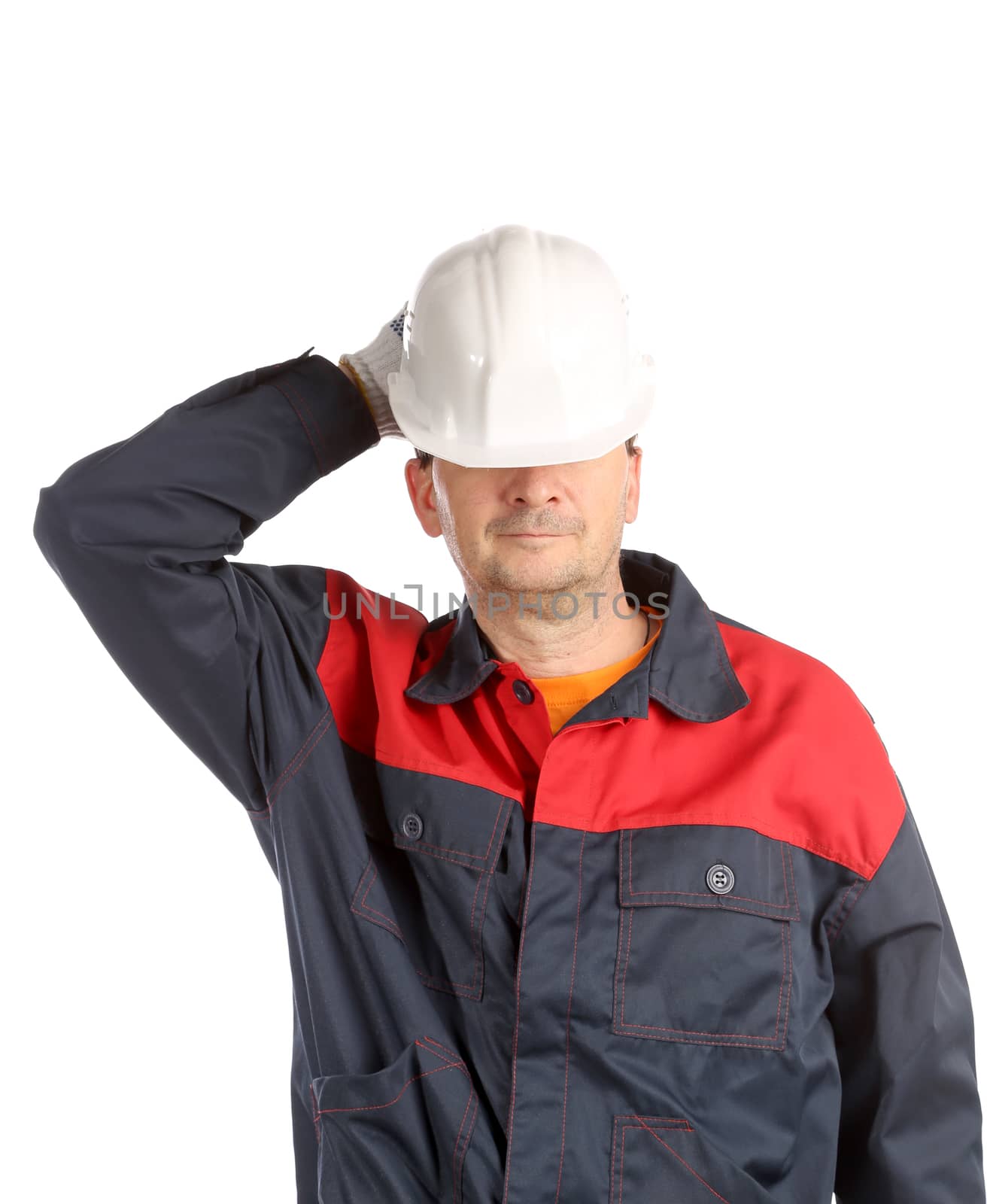 Worker having rest. Isolated on a white background.