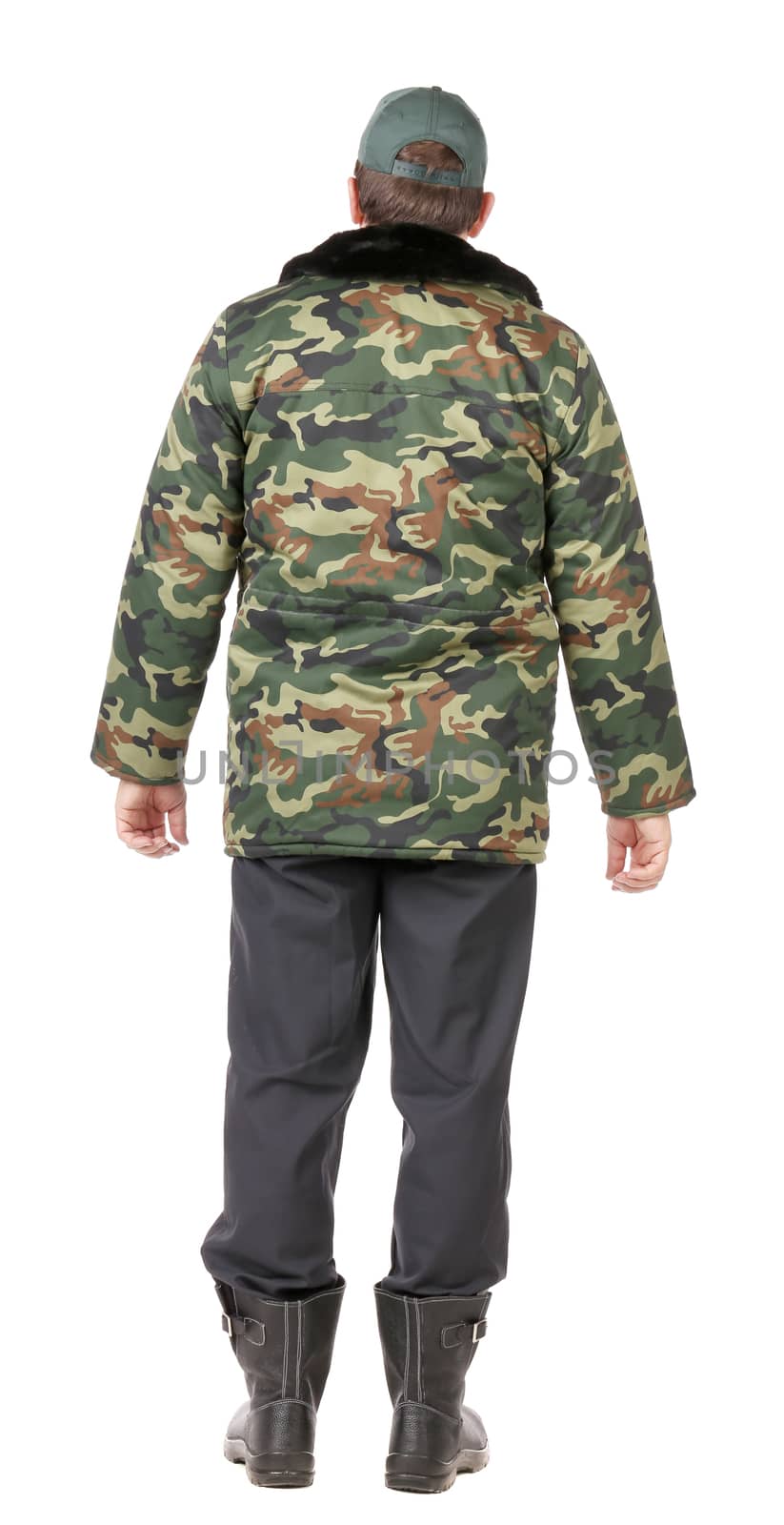 Man back in army form. Isolated on a white background.