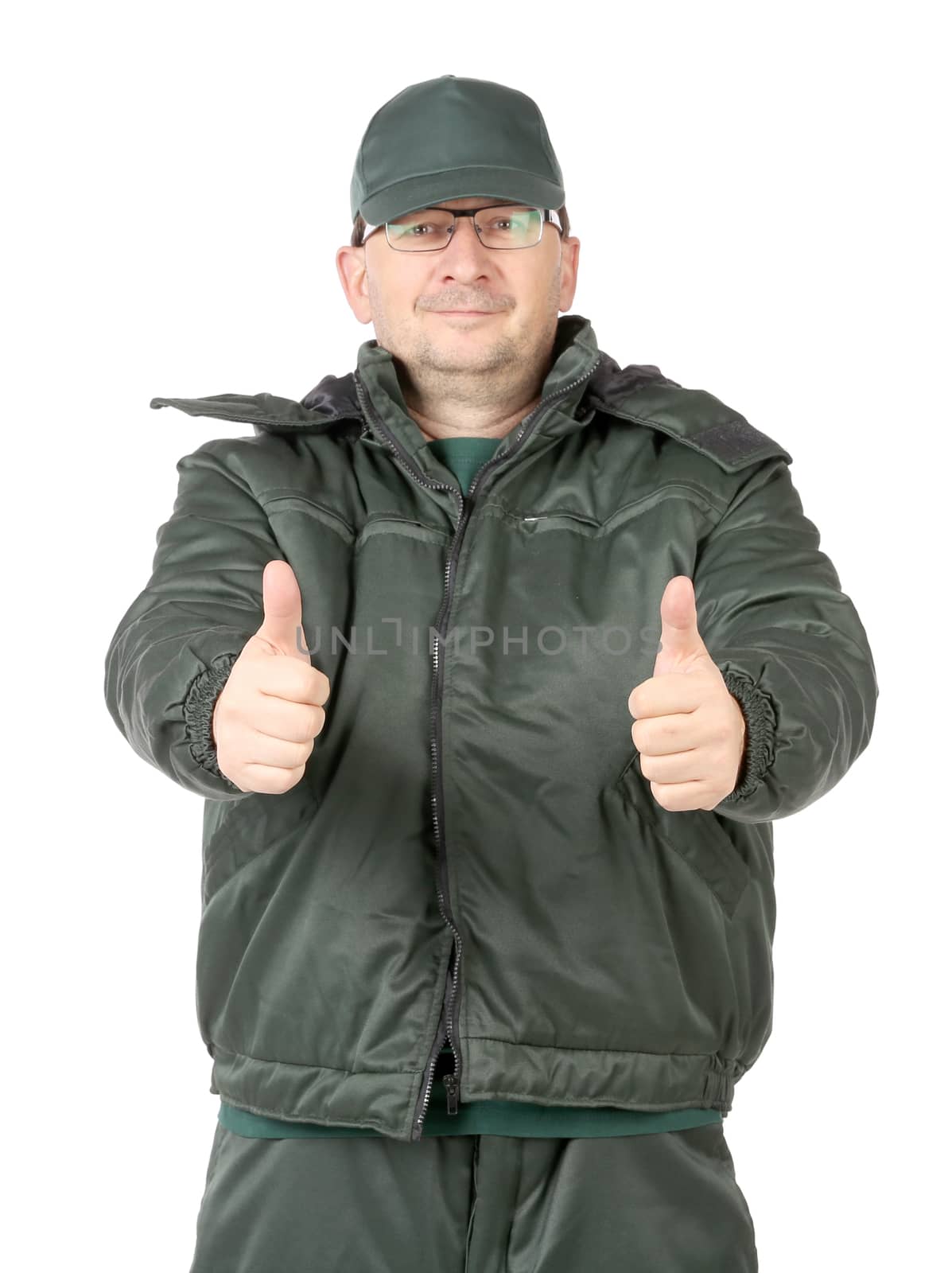 Happy worker in jacket. Isolated on a white background.