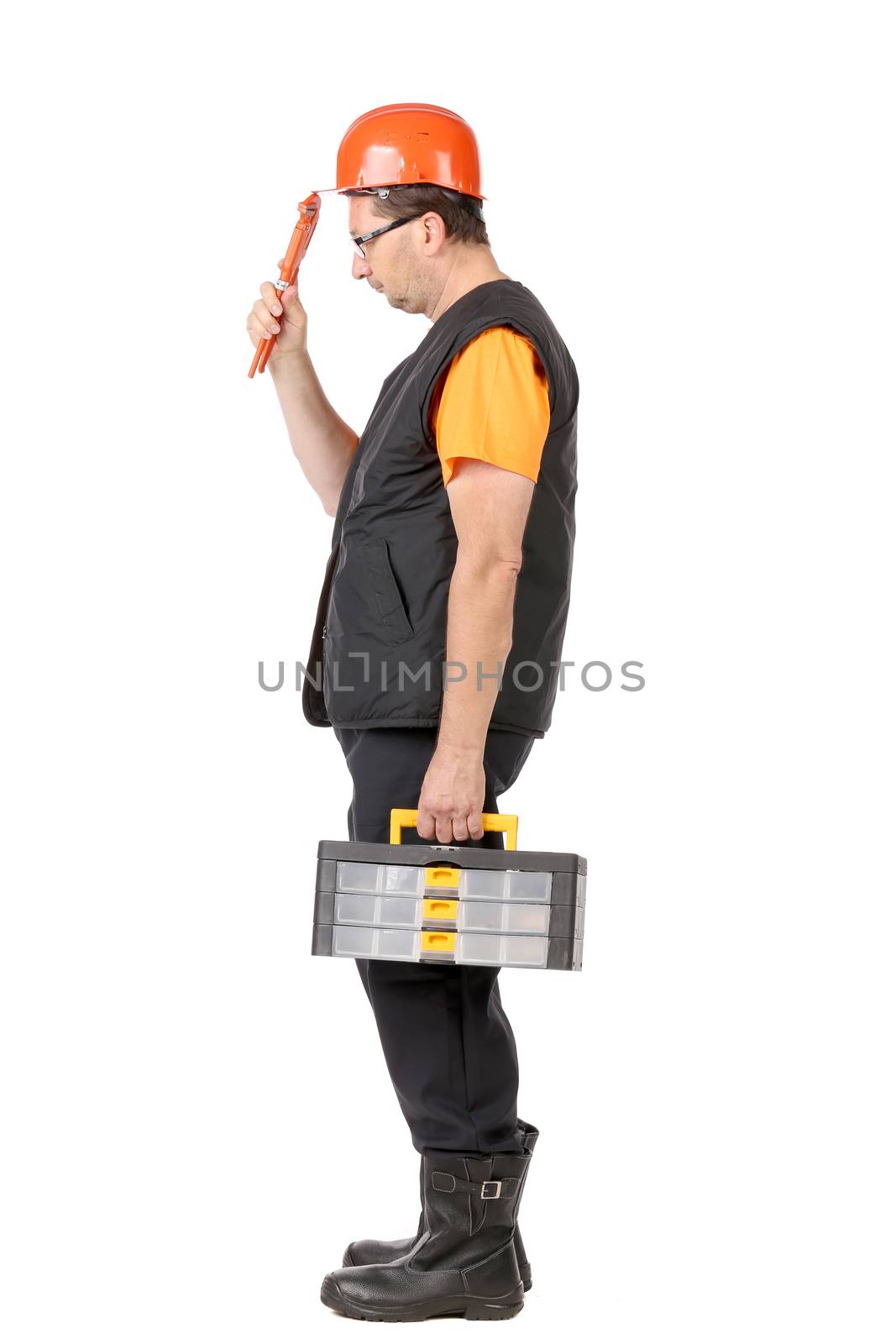 Worker thinking of a problem. Isolated on a white background.