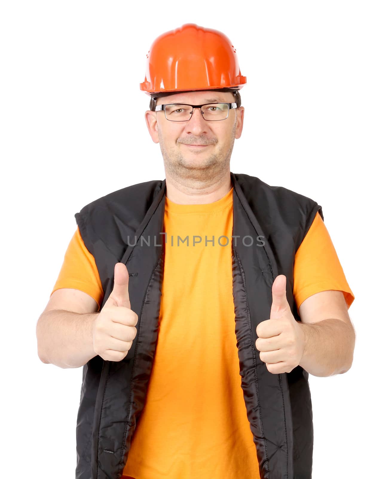 Worker in great mood. Isolated on a white background.
