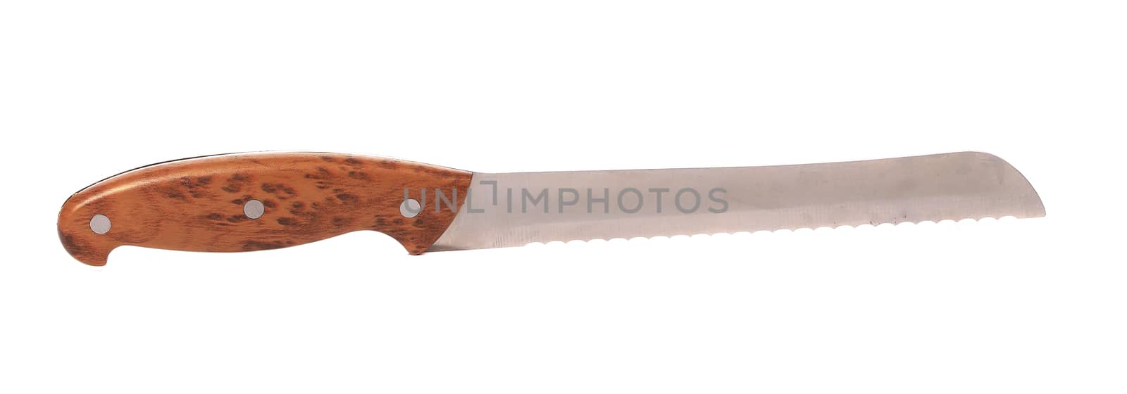 Close up of knife for bread. Isolated on a white background.