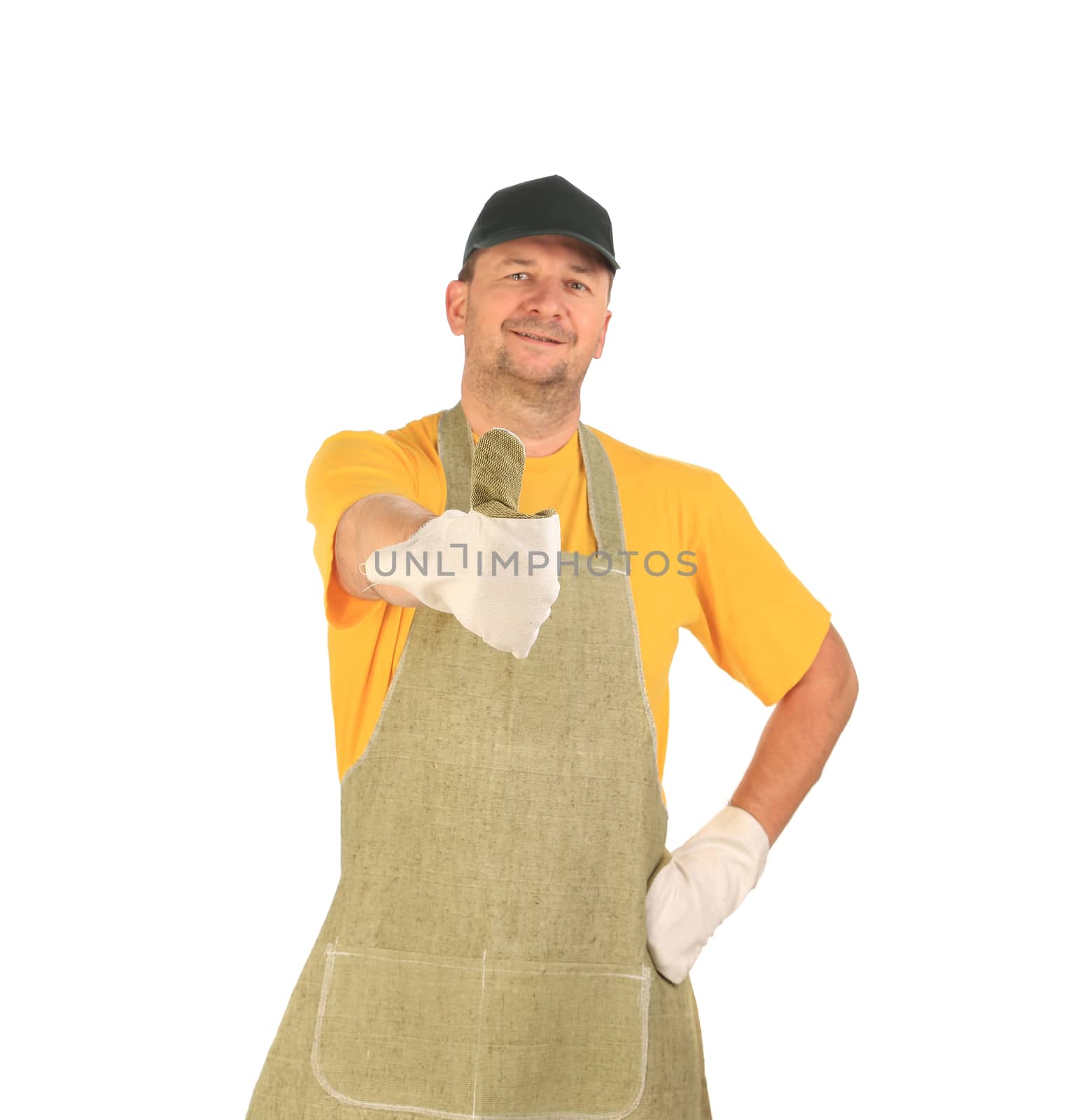 Worker in apron with thumbs up. Isolated on a white background.