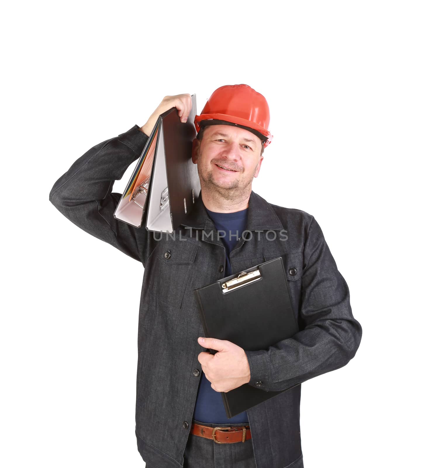 Man in hard hat holding folders. Isolated on a white background.