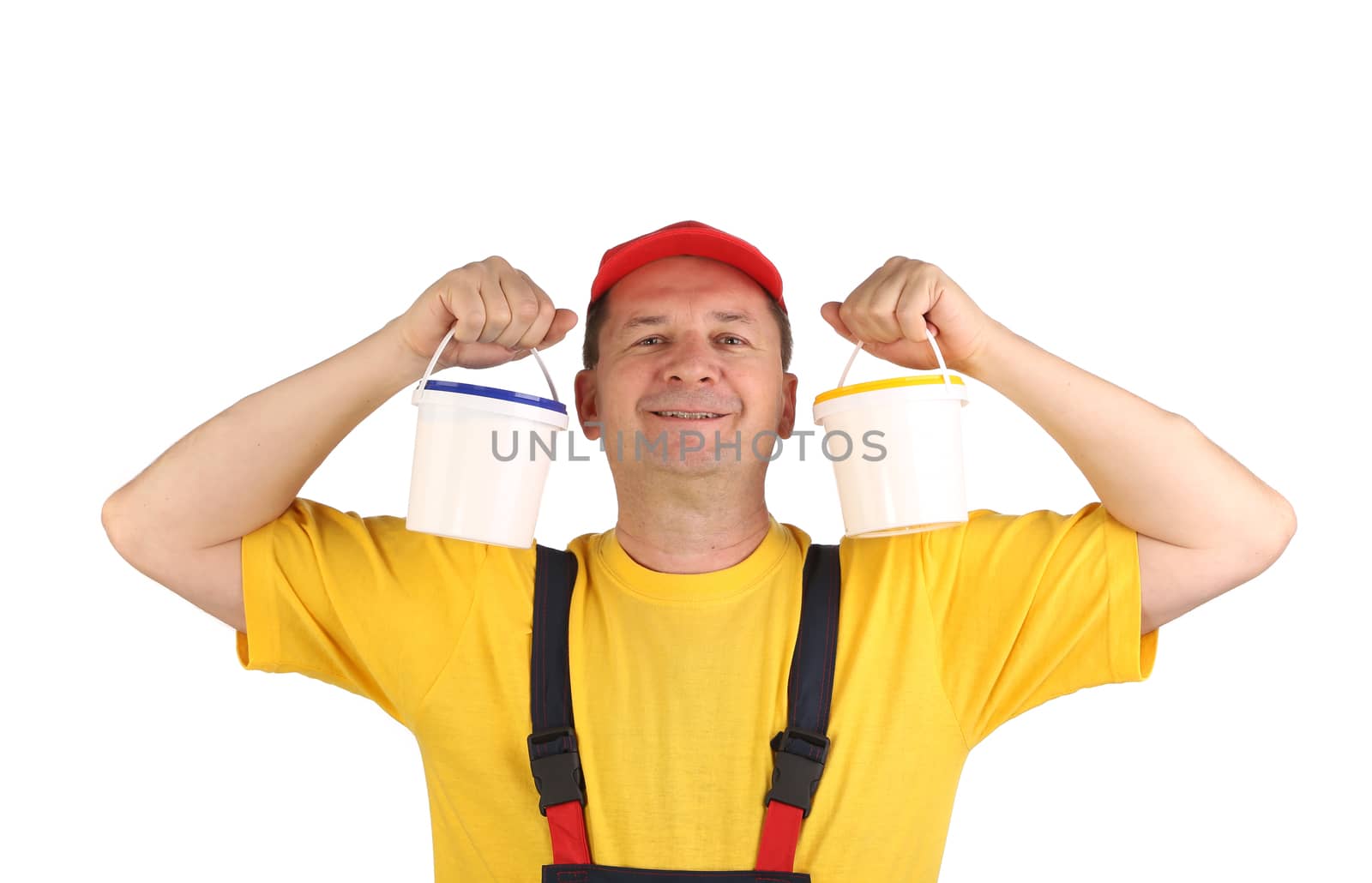 Worker holding two buckets. Isolated on a white background.