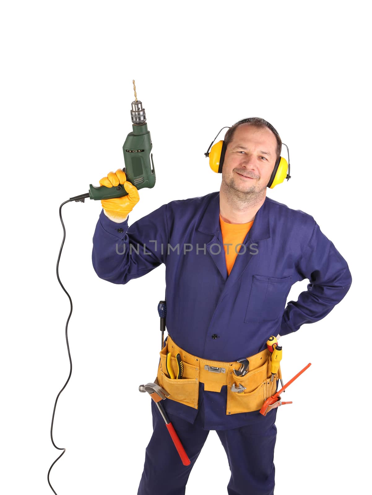 Worker with drill. Isolated on a white background.