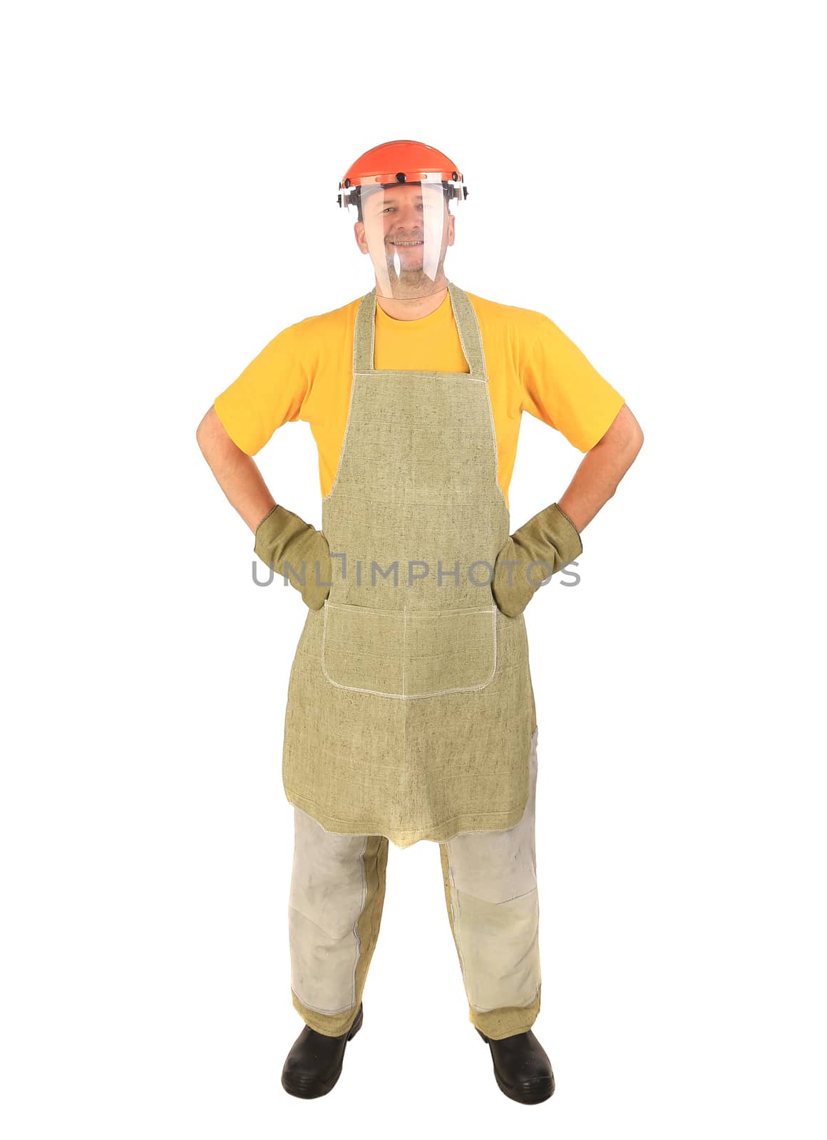 Welder with plastic protective face shield gloves and apron. Isolated on a white background.