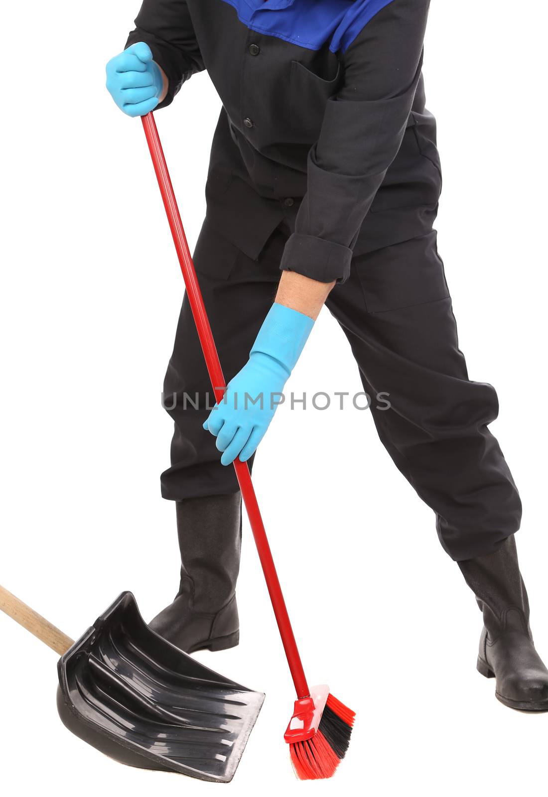 Worker sweeping floor. Isolated on a white background.