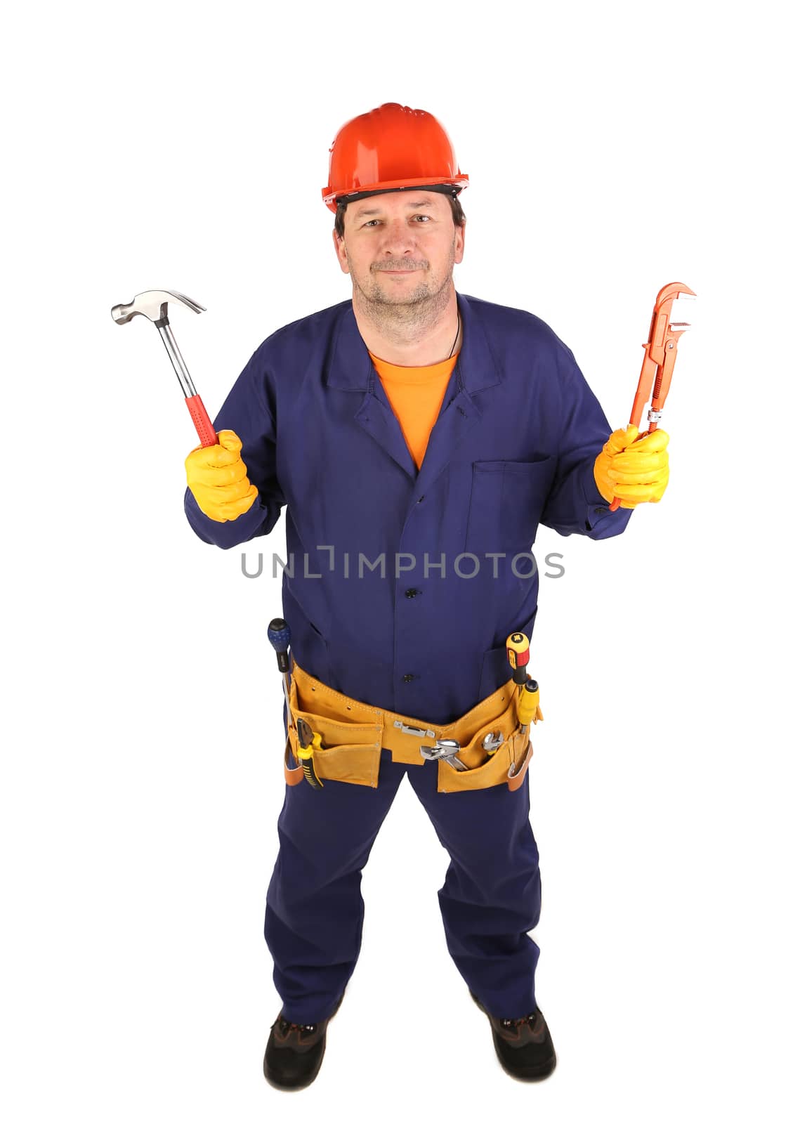 Worker in hard hat holding hammer. Isolated on a white background.