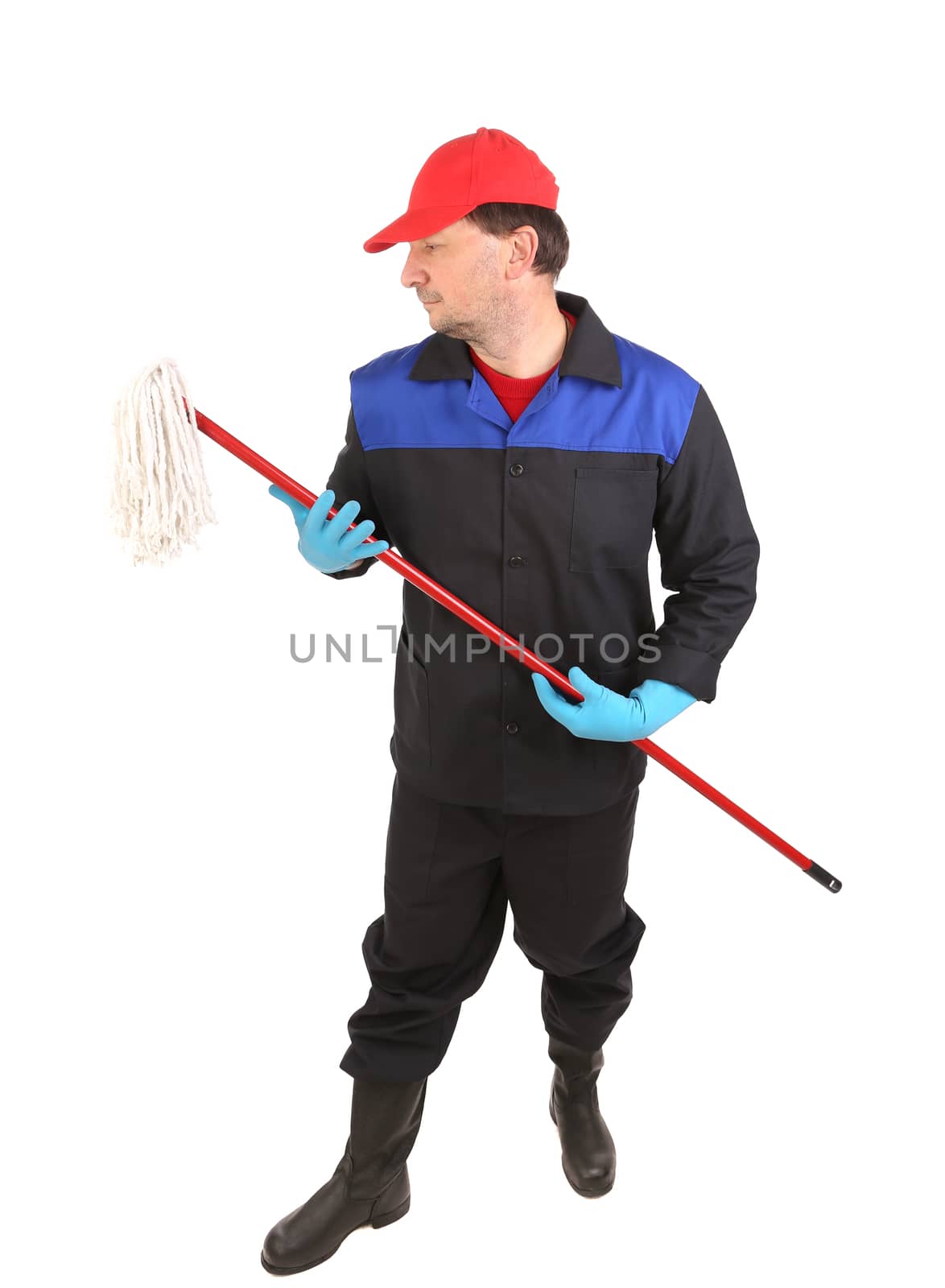 Man in workwear with mop. Isolated on a white background.