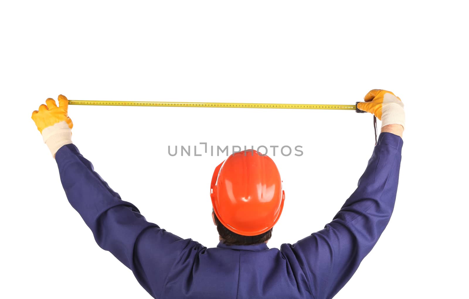 Worker in hardhat with measure ruler. Isolated on a white background.