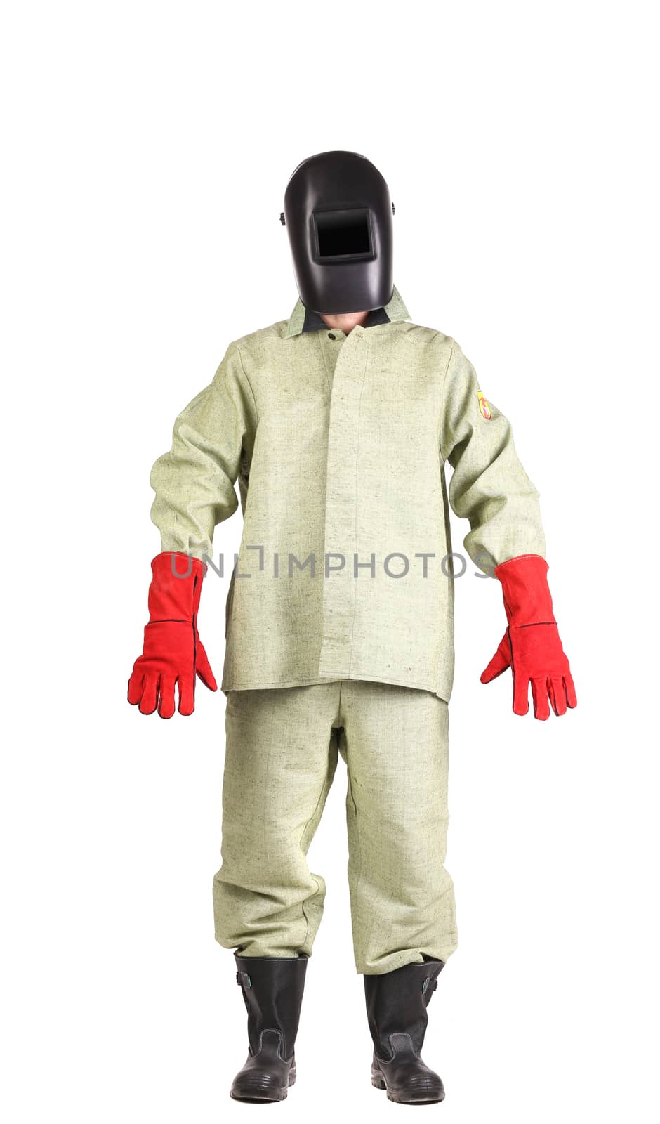 Portrait of confident welder in the mask. Isolated on a white background.