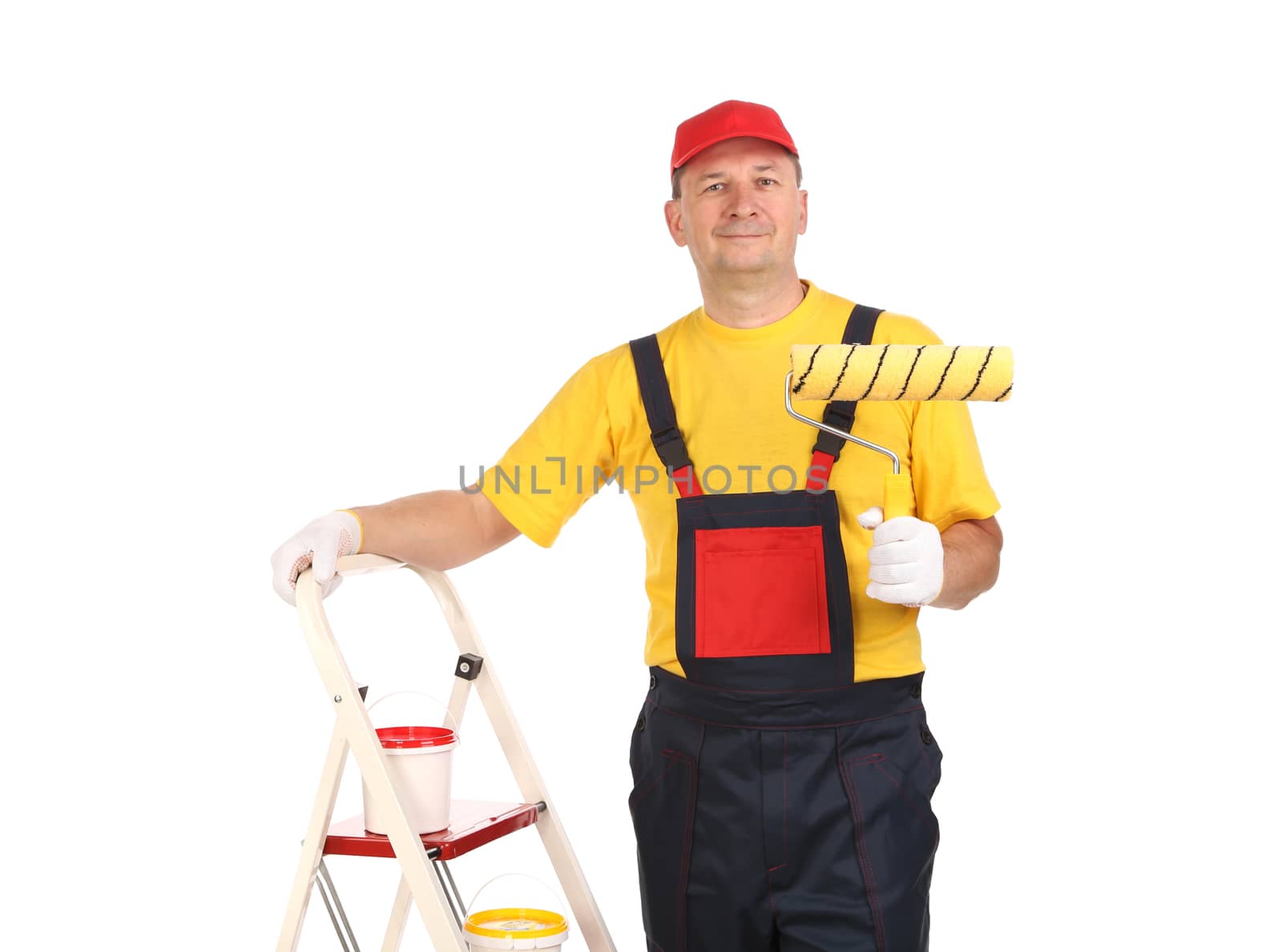 Worker on ladder with roller. Isolated on a white background.