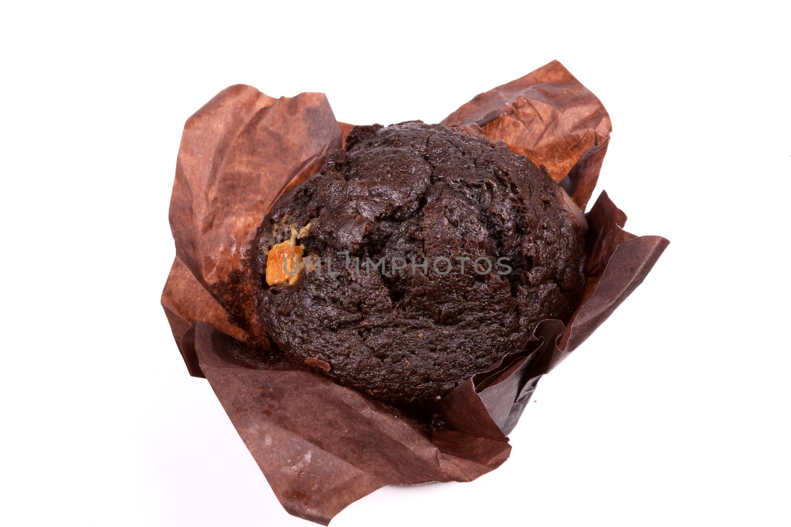 Chocolate Muffin isolated on a white background.