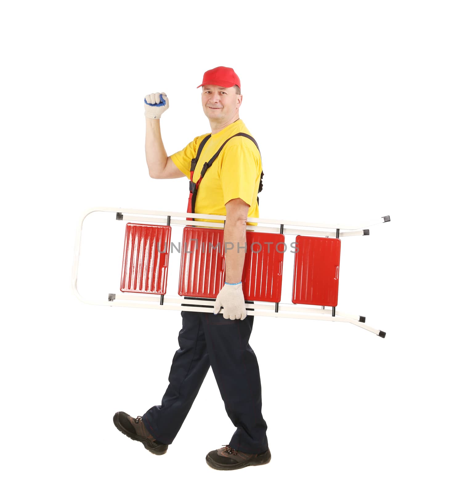 Worker with ladder smiling. Isolated on a white background.