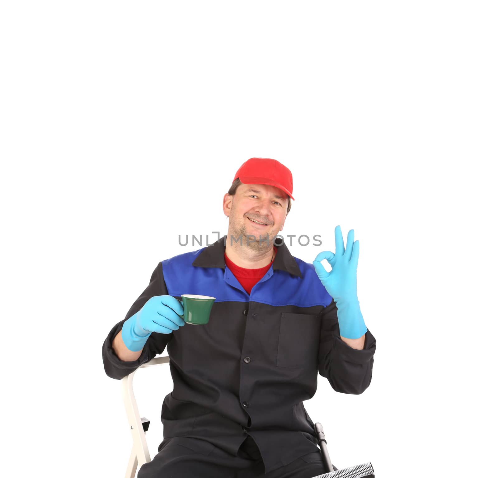 Worker with cup of coffee. Isolated on a white background.