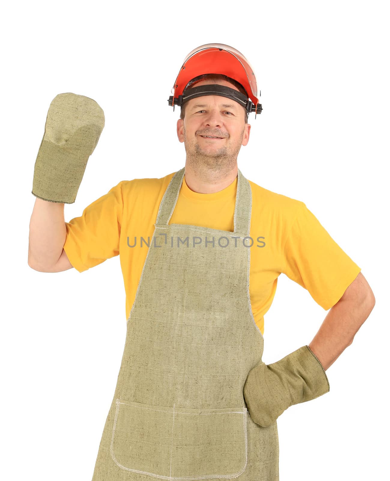 Welder in gloves and apron. Isolated on a white background.