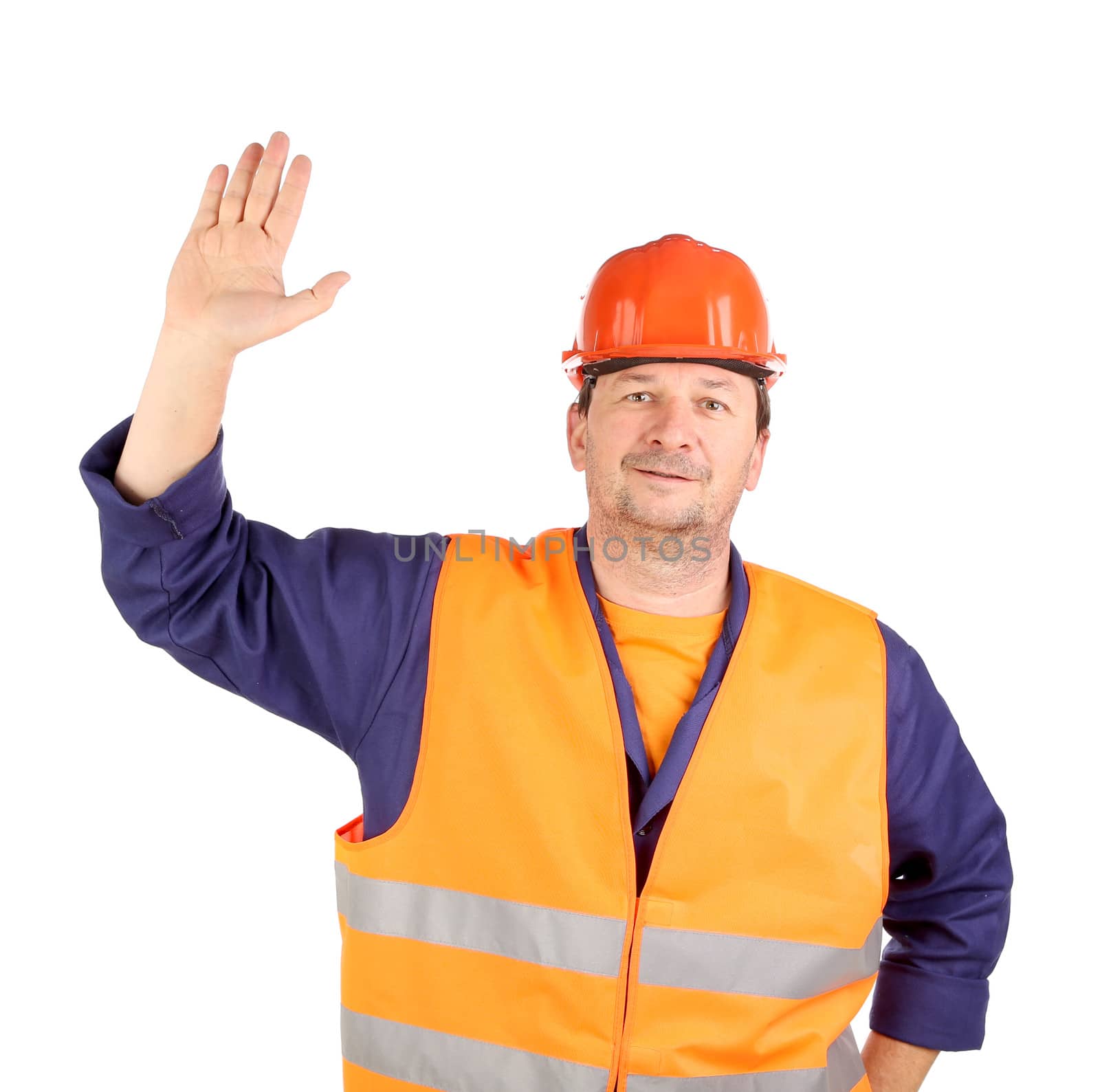 Worker in hard hat with hand up. Isolated on a white background.