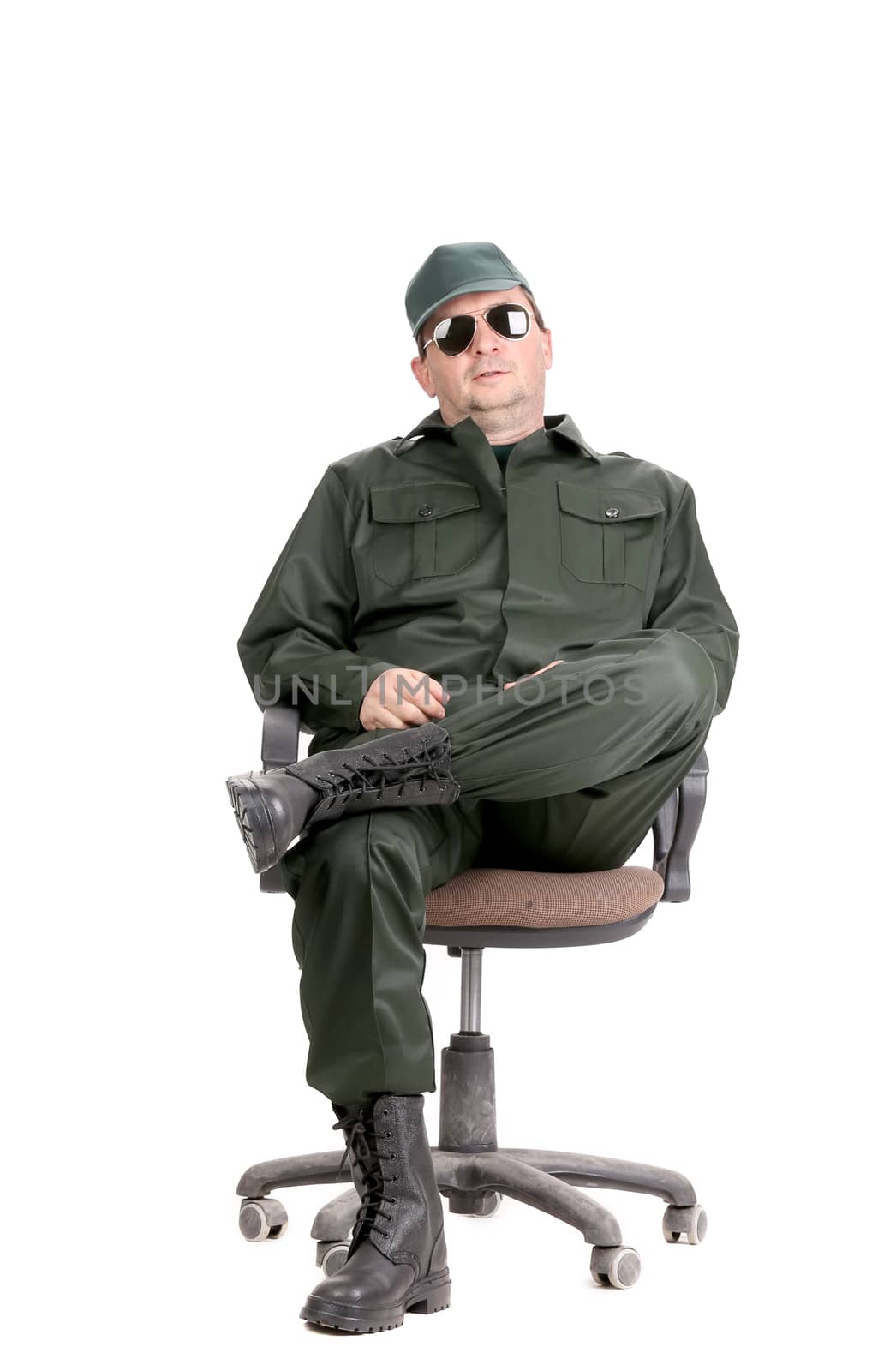 Worker in glasses sitting on chair. Isolated on a white background.