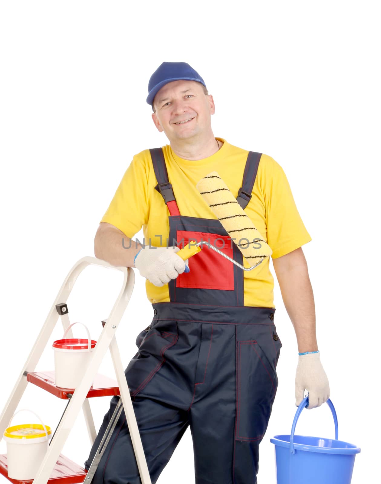Worker on ladder with roller and bucket. Isolated on a white background.