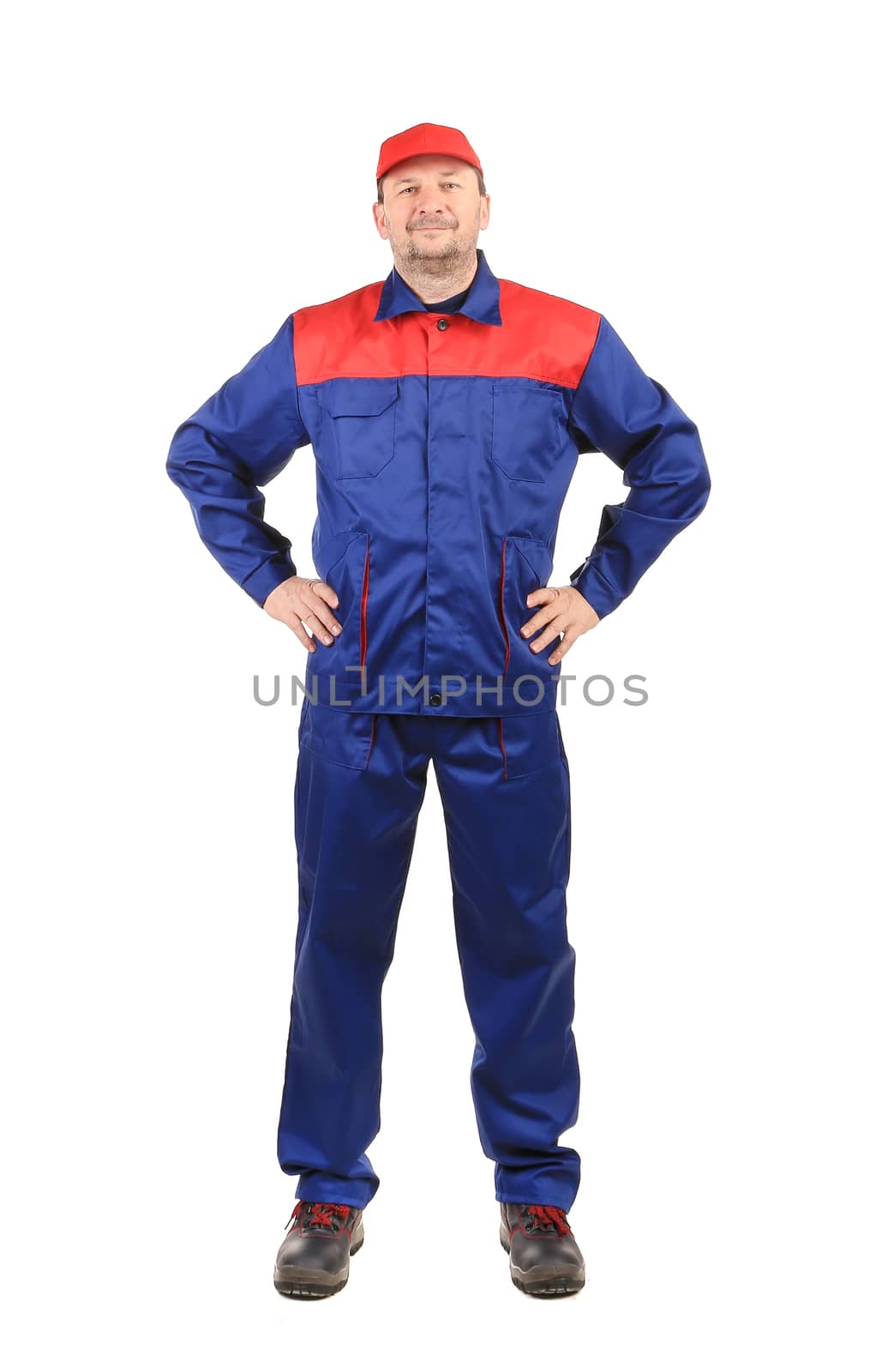 Worker inred-blue workwear. Isolated on a white background.