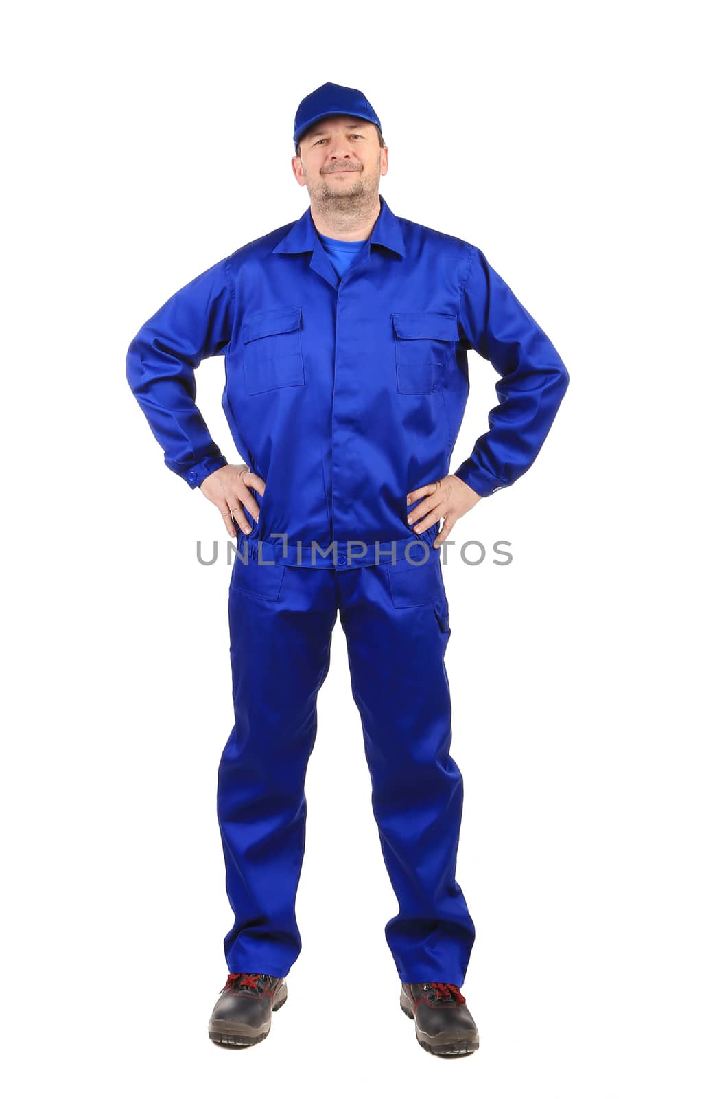 Worker in winter workwear. Isolated on a white background.