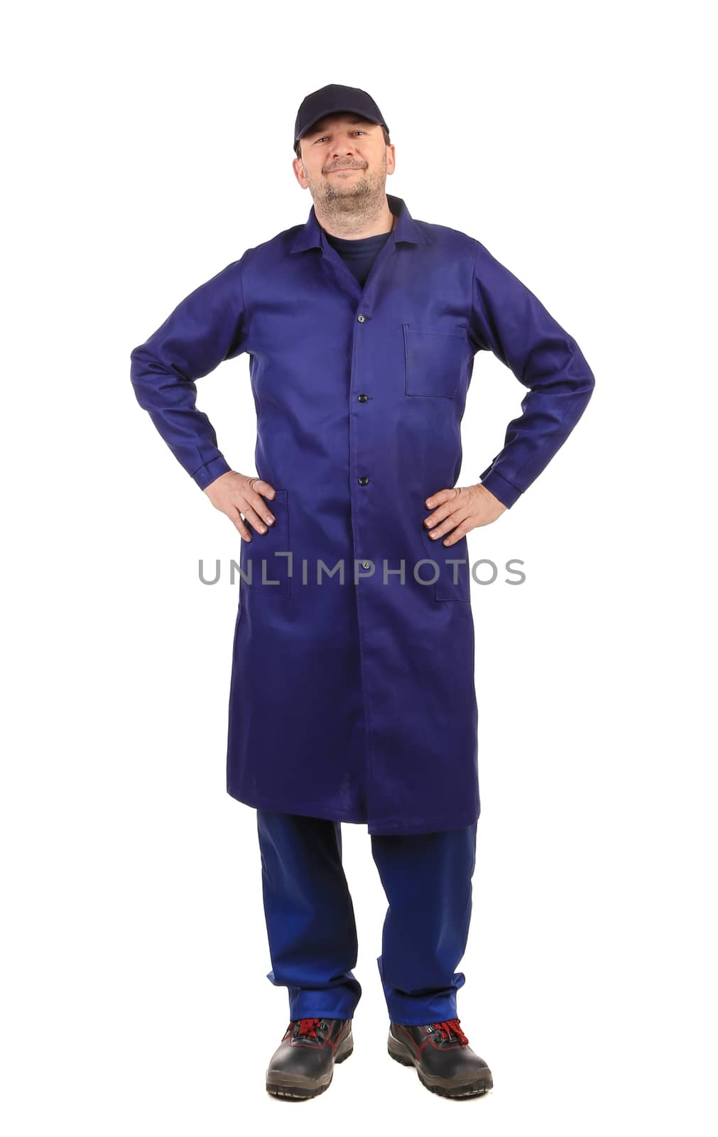 Worker wearing long robe. Isolated on a white background.