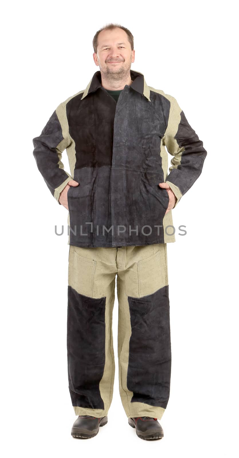 Welder in workwear suit. Isolated on a white background.