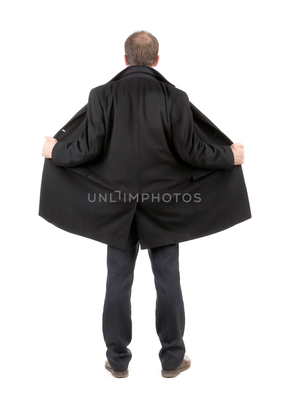Back view of disclosed coat on man. Isolated on a white background.
