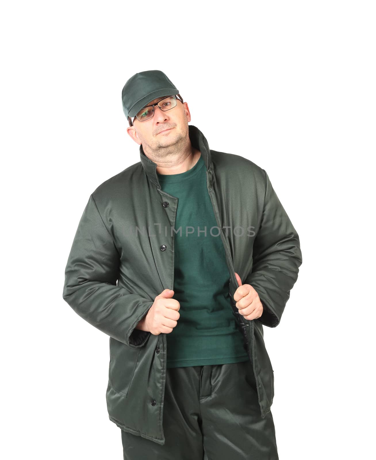 Man in green male working clothes, Open jacket