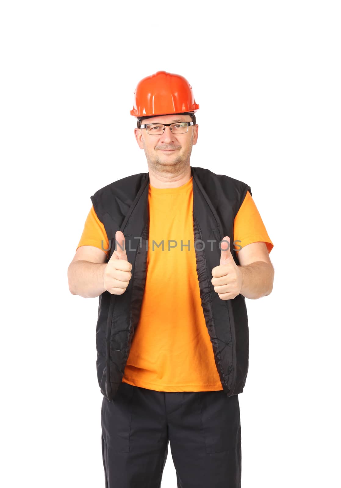 Man in workwear and red hard hat in a good mood. Showing ok sign