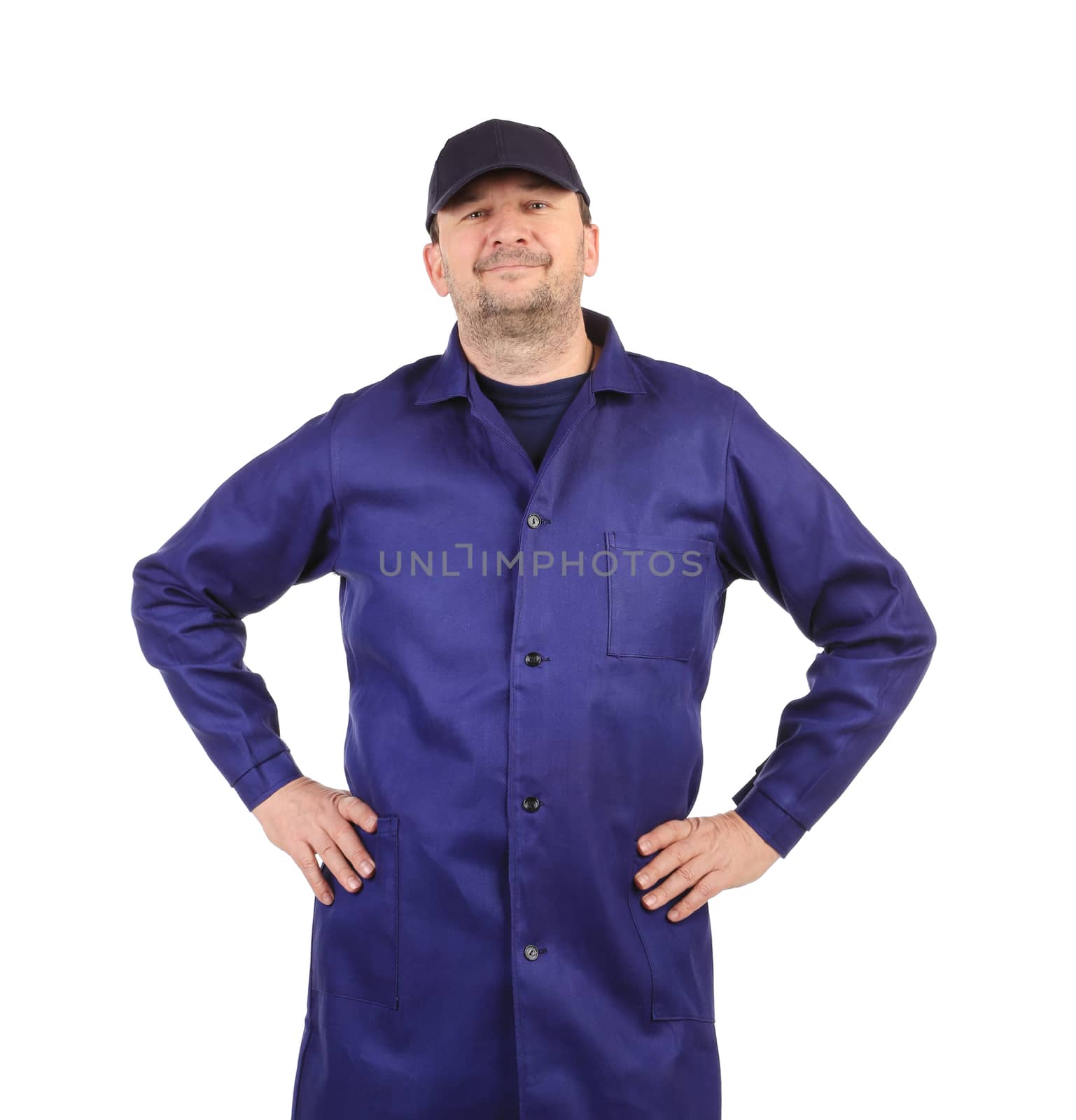 Worker holding arms on waist. Isolated on a white background.