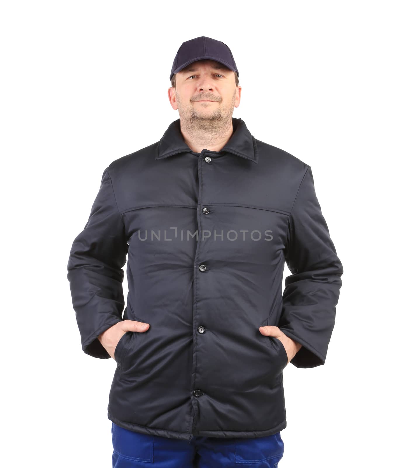 Worker in winter workwear. Isolated on a white background.