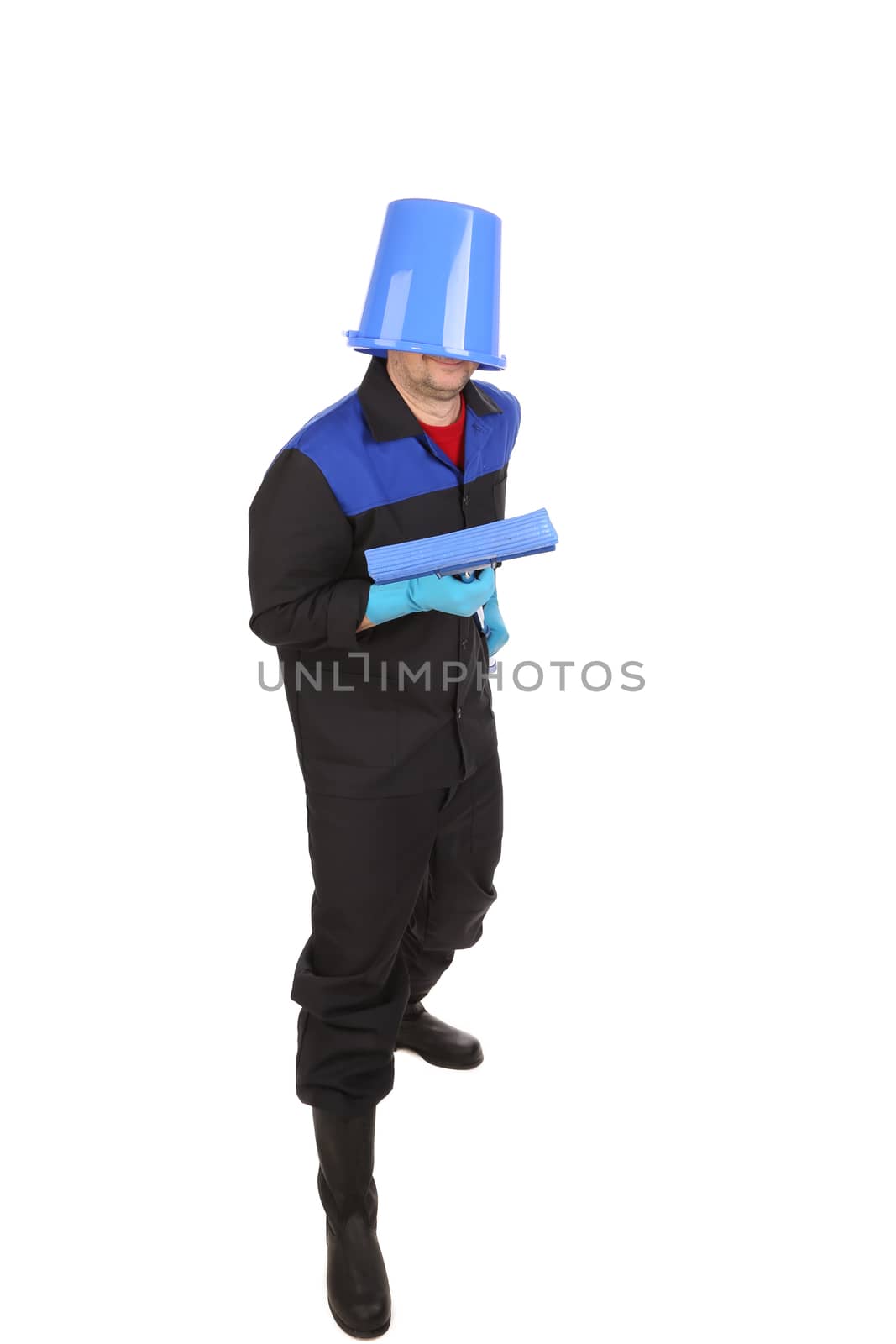 Man with head inside of bucket. Isolated on a white background.