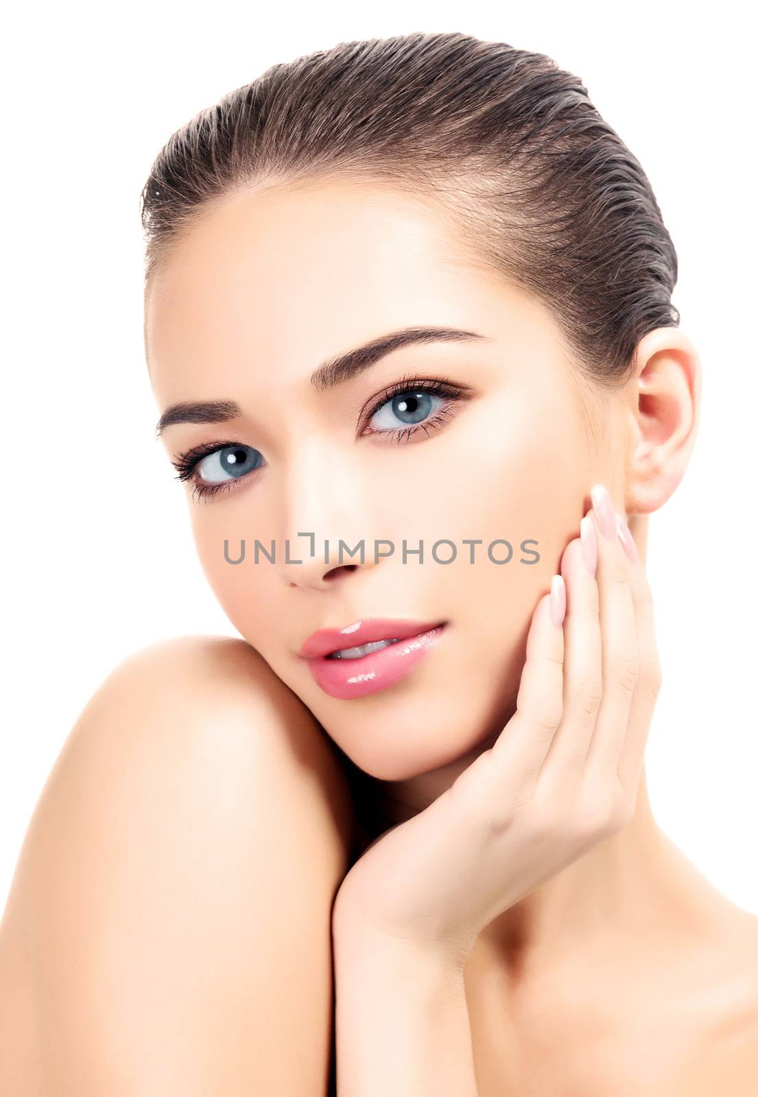 Beautiful girl with clean fresh skin, white background by Nobilior