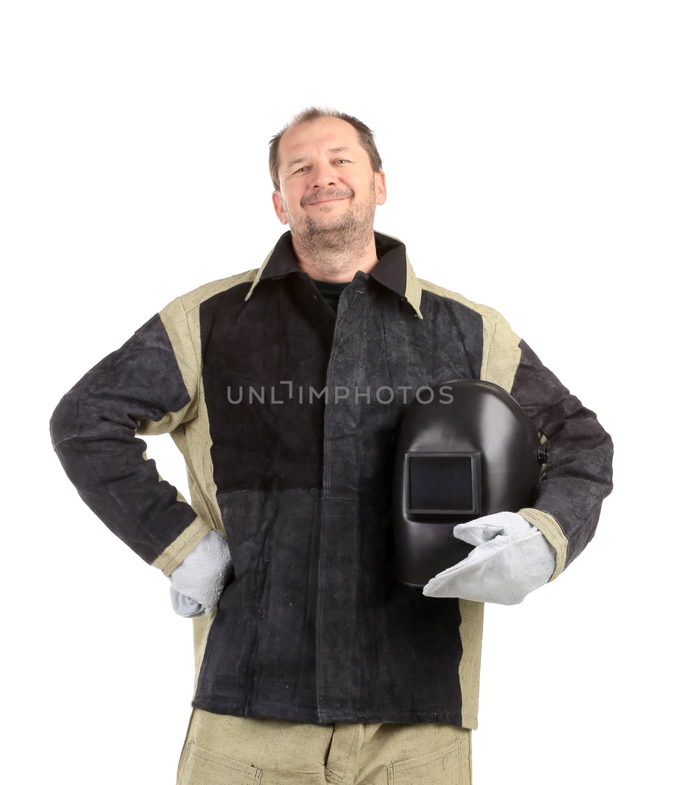 Welder with mask in hand. Isolated on a white background.