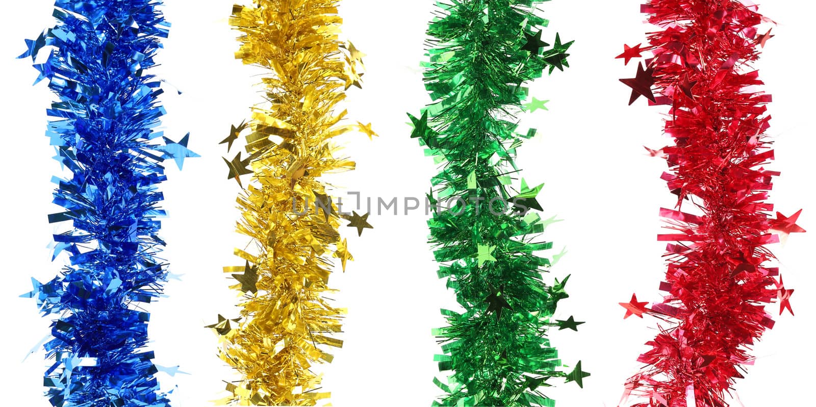 Christmas tinsels with stars. Veritcal row. Whole background.