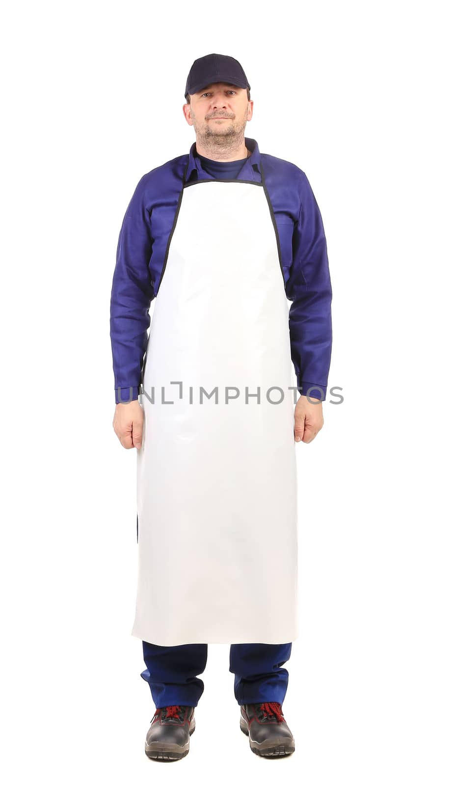 Worker wearing blue apron. Isolated on a white background.