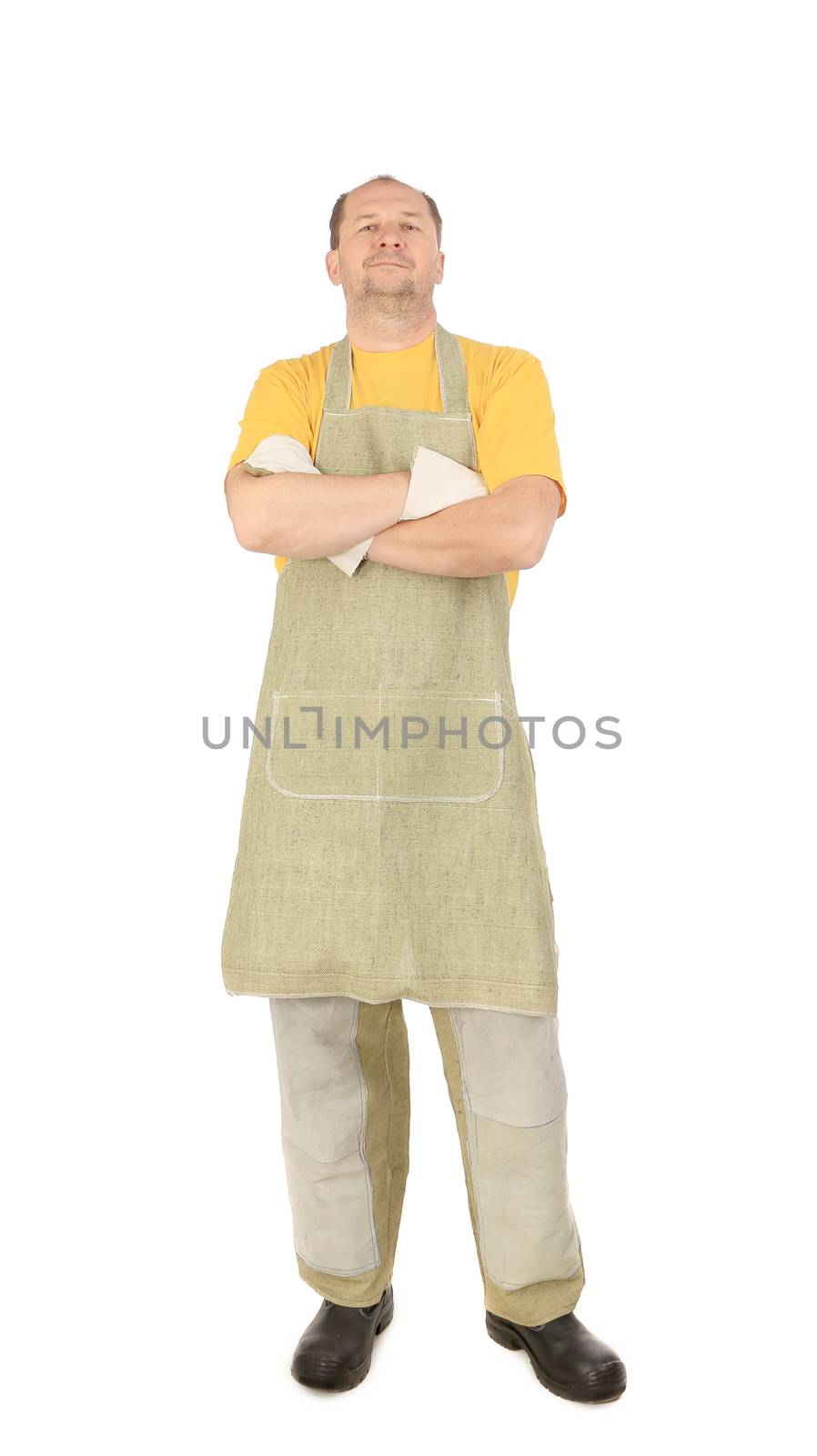 Proud worker in apron. Isolated on a white background.