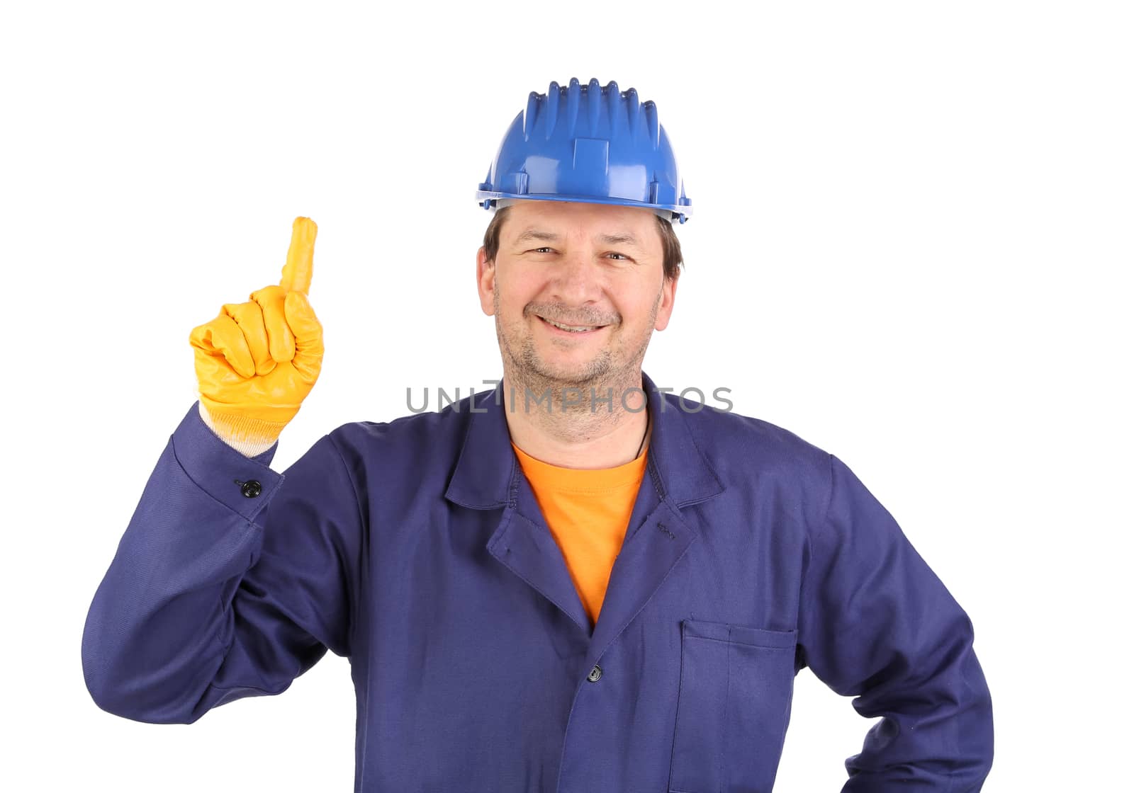Worker shows hand attracting attention. Isolated on a white background.